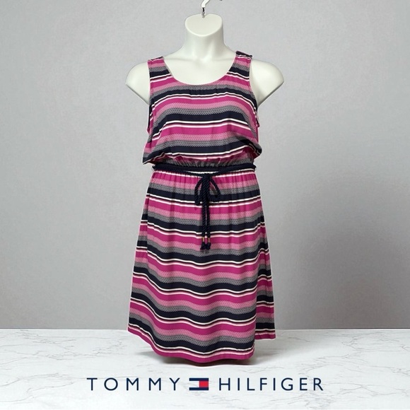 NWOT, Tommy Hilfiger, Pink and Navy Striped Dress, Large - Picture 1 of 8